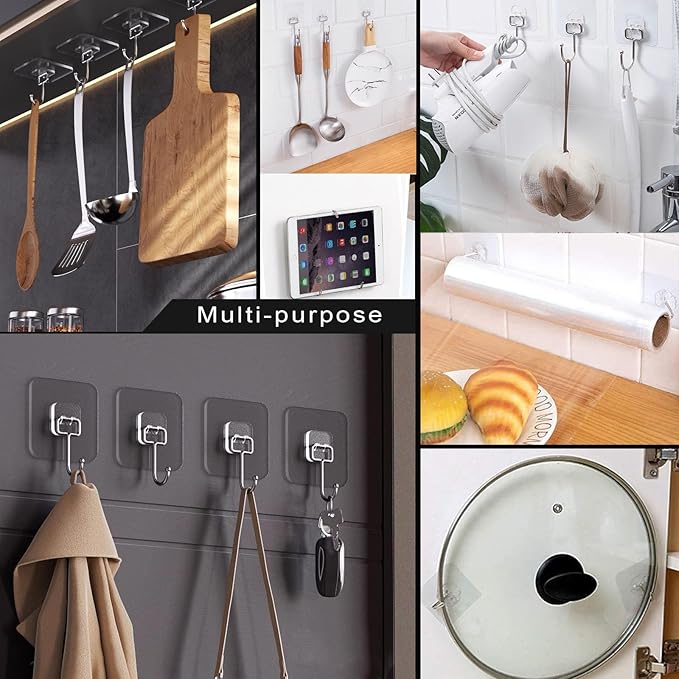 ZESLMG Large Adhesive Hooks for Hanging, 12 Pack Self Sticky Wall Hooks Heavy Duty 15lb Clear, Removable Shower Hook No Damage for Towel Key Coat Wreath Picture Outdoor Bathroom Kitchen, Waterproof