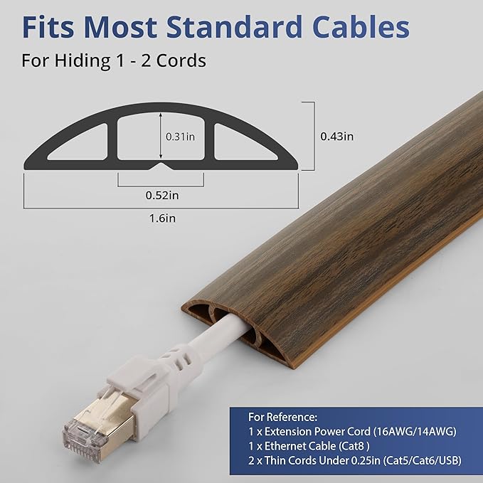 ZhiYo 5.6ft Cord Covers for Wires on Floor, Cord Hider Floor Hide Extension Cords, Soft PVC Cable Cover Cable Protector, Wire Cavity W0.62in H0.31in, Smoked Brown Wood