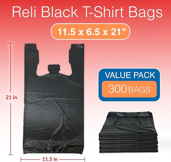 Reli. T-shirt Bags (300 Count) (Black) (11.5" x 6.5" x 21") - Black Plastic Bags (Plain) - Grocery, Shopping, Restaurants (Pack of 2)