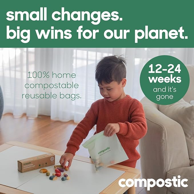 Compostic Home Compostable Resealable Snack Size Bags, Microwave & Freezer Safe, Organic Food Storage Container, 60 Count