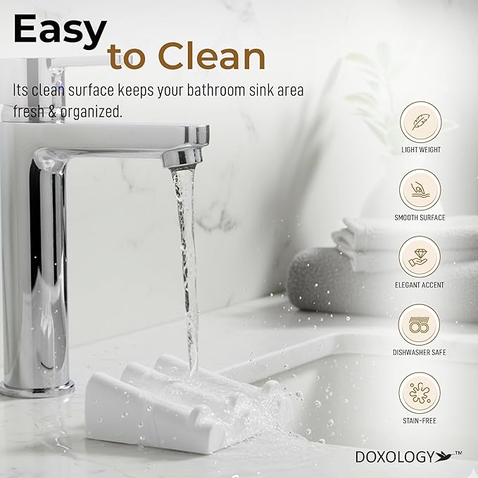 DOXOLOGY White Marble Soap Dish Bathroom Organizer - Resin Soap Dish with Rectangular Design 3.7" L x 2.8" W - Self Draining Soap Dishes Keeps Countertop Neat - Marble Look Soap Tray for Sink