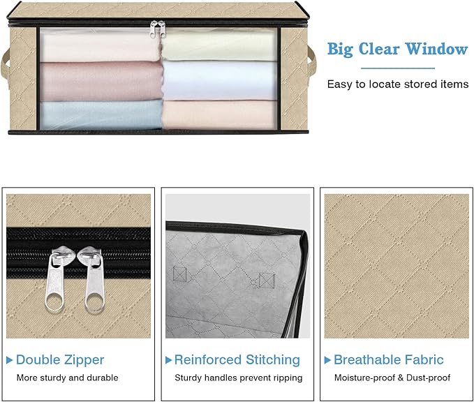 HomeHacks Storage 3-Pack Clothes Organizer Storage Bags Foldable Storage Box with Large Clear Window Sturdy Handles for Closet, Dorm, Pillows, Bedding, Clothes, Blankets, 35L, Beige