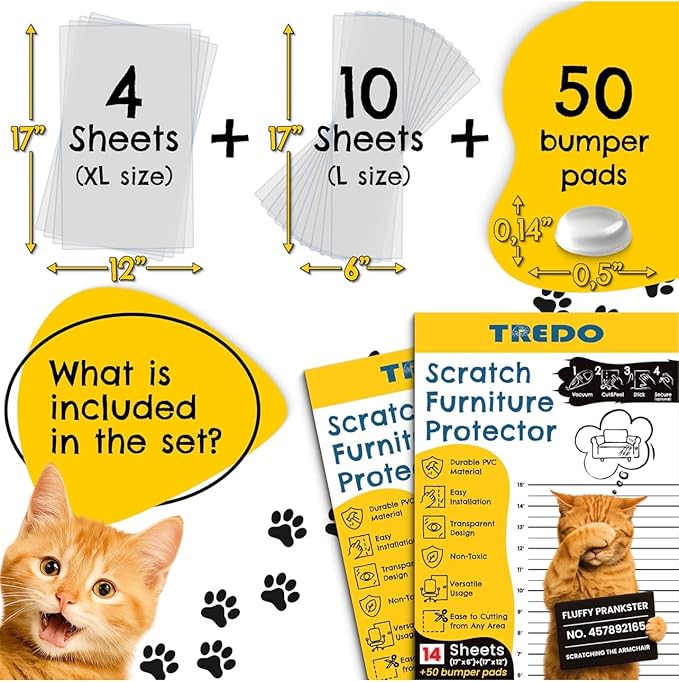 TREDO Cat Scratch Furniture Protector 14 Pack - Anti Scratch Couch Protectors for Cats - Transparent Guard for Sofas Chairs - Includes 50 Bumper Pads - No Pins Needed