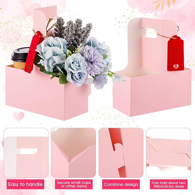 MotiMind 8 Pack 2 Cup Drink Carrier with Handle Kraft Paperboard Cup Holder Portable for Mother's Day Teachers' Day for Hot Cold Drinks Coffee Caddy with Heart Card Rope (Pink)