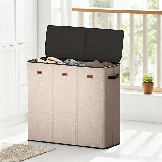185L Laundry Hamper 3 Section with Lid, Khaki Large Laundry Basketr with 3 Removable Laundry Bags, Dirty Clothes Hamper for Bedroom, Laundry Room, Dorm