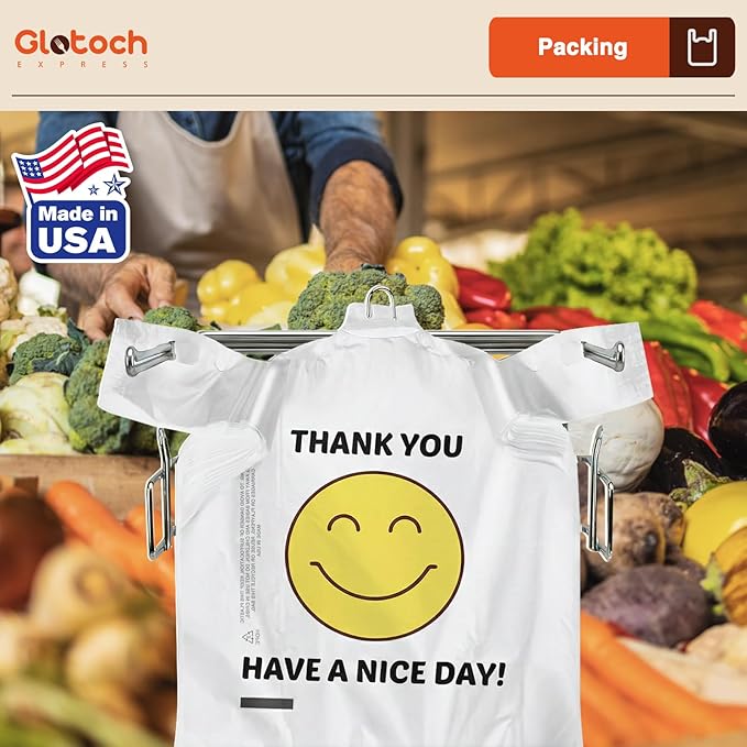 Glotoch 1000 Count Plastic Thank You T-shirt Bags Smile Face, 11.5 x 6.5x 21" HAVE A NICE DAY Grocery Shopping Gift Bag with Handle for Restaurant, Retail, Takeout, Convenience Store, in Bulk Business