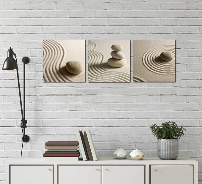 Artsbay 3 Piece Canvas Wall Art Zen Stone and Sand Giclee Print Artwork Calm Peaceful Still Life Picture Painting Modern Spa Room Wall Poster Decor Framed for Home Office Bedroom Bathroom Decoration