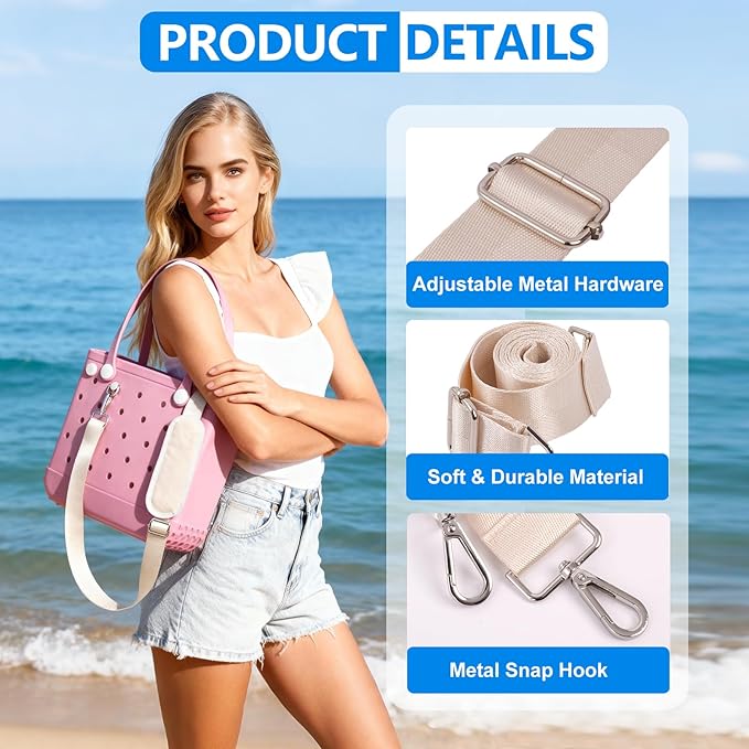 FAMJOALE Comfortable Strap Wrap for Bogg Bag, Adjustable Widened Crossbody Shoulder Long Straps with Rustproof Metal Connectors, Premium Non-Slip Leather Handle Wrap for XL Medium Small, Beige