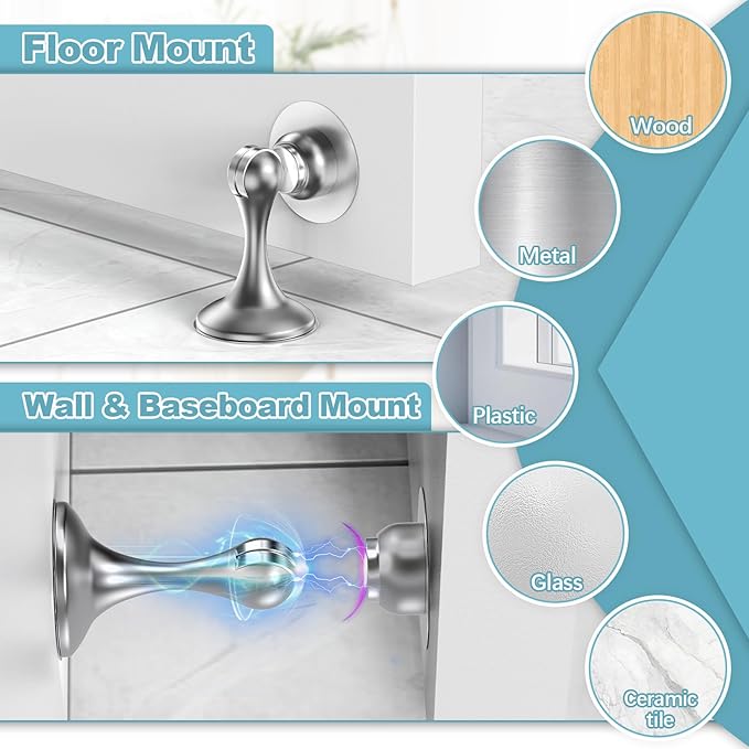 Magnetic Door Stoppers 6 Pack, Stainless Steel Door Stops for Wall and Floor Mounting, Door Holder Keep Door Open, No Drilling Door Stop with 3D Adhesive Tapes, Silver