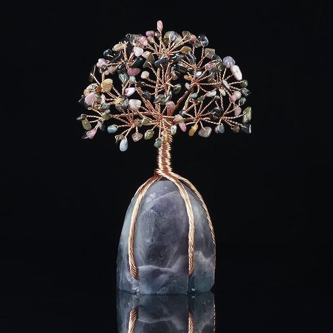 Multi Tourmaline Crystal Tree with Fluorite Rough Base Tree of Life Decor for Shelf, Bedroom, Birthday Gifts for Women, Sister Gifts, Birthday Gifts for Mom, Cute Home Decor Purple Decor Present