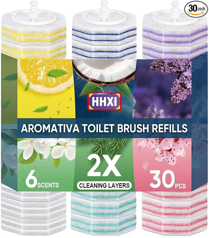 30Ct Aromative Toilet Brush Refills, Toilet Bowl Cleaner Refills, Double-Layer Cleaning Pads Added, Disposable Refill Heads for Toilet Bowl Cleaner Wands, 6 Flavors（Patented）