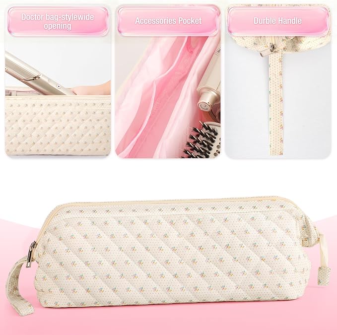 Quilted Hair Tool Travel Bag, Shark Flex Style Travel Case For Dyson Hair Dryer Airwrap Bag, Curling Iron Bags Quilted For Shark Dyson Revlon Organizer Accessories (A-Flower)