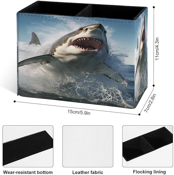 Famame Shark Jumping Out Water Pencil Holder for Desk, Leather Desktop Container Pen Cup Storage Study Table Pen Organizer Makeup Brush Holder for Classroom Office Home