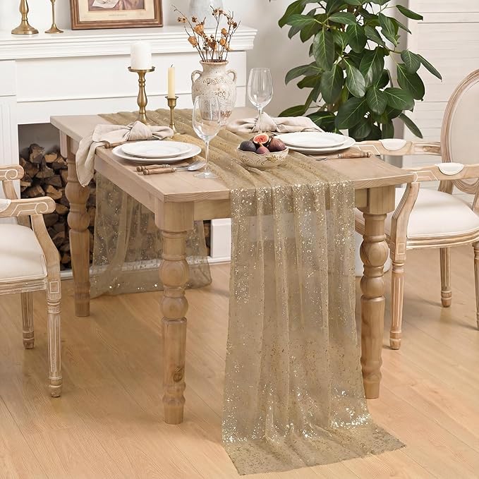 Horaldaily Coffee Gold Gauze Tablecloth 60x84 Inch Rectangular, Golden Sequin Glitter Metallic Foil, Sheer Tulle Cheesecloth for Wedding Baby Shower Ceremony Birthday