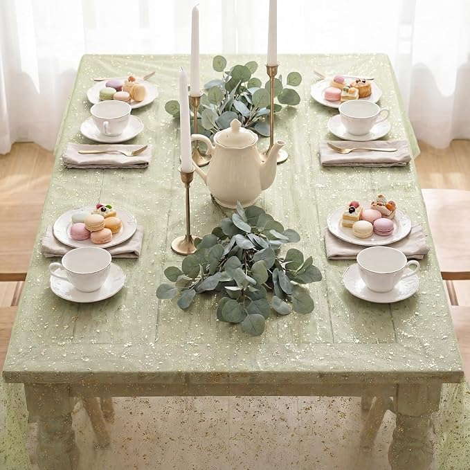 Horaldaily Sage Green Gauze Tablecloth 60x60 Inch Square, Golden Sequin Glitter Metallic Foil, Sheer Tulle Cheesecloth for Wedding Baby Shower Ceremony Birthday