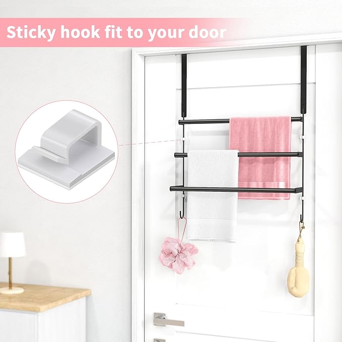 Over The Door Towel Rack, Towel Rack with Hooks for Door Hanging, Door Towel Bar, Over Door Towel Racks for Bathroom (Black)
