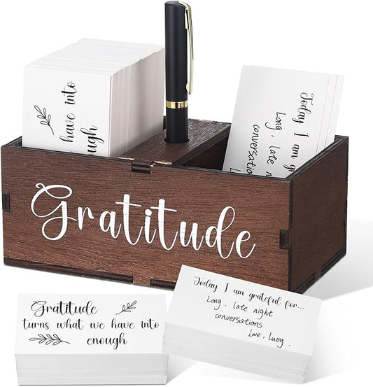 Clabby Gratitude Jar Thanksgiving Gifts Include 200 Cards 1 Pen 1 Blessing Jar Wood Box Practice Thankful Appreciation Gratitude Note Cards Kit for Families Friends Employee Coworkers(Dark Brown)