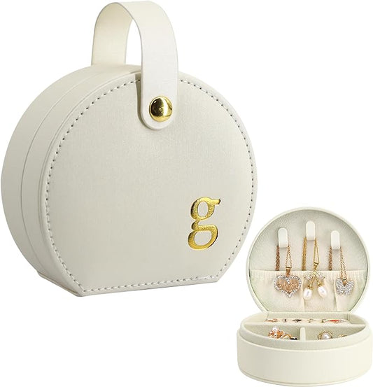COLLECTIVE HOME - Travel Jewelry Case, Elegant Half-Moon Design with Gold Monogram, Detachable Handle, Personalized Accessory Organizer, Gift for Fashion-Forward Women and Teens (g)