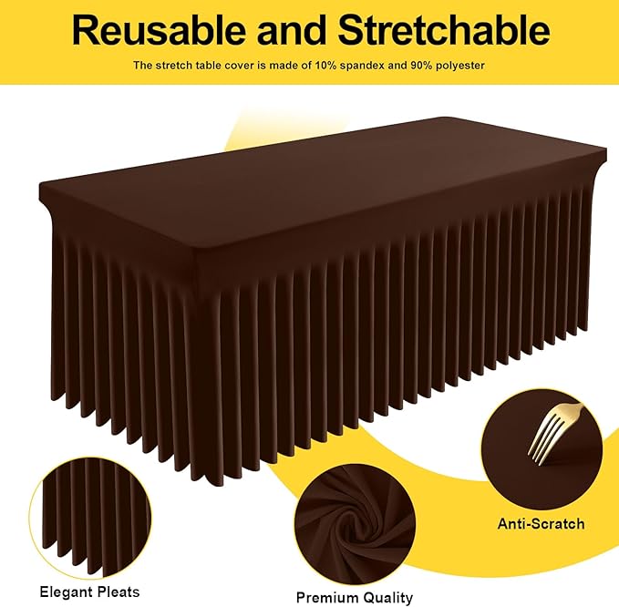 Smiry Spandex Tablecloth 2 Pack, Elastic Fitted Stretch Tablecloth for 8FT Rectangle Tables, Waterproof Washable Table Cover Skirt for Wedding, Banquet & Parties (Coffee, 96Lx30Wx30H Inch)