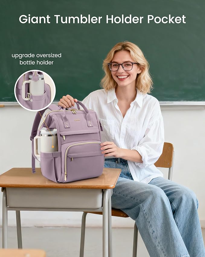 LOVEVOOK Laptop Backpack for Women with Giant Tumbler Holder Pocket,17 inch Waterproof Travel Backpack Purse Computer Laptop Bag,Professional Work College Nurse Teacher Backpack Daypack,Light Purple