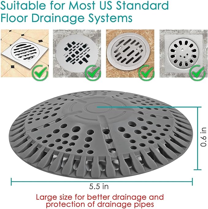 Shower Drain Hair Catcher, 5.5in Shower Hair Catcher Large Premium Silicone Drain Protector Strainer, Shower Drain Cover for Shower Room, Floor Drain, Bathroom Sink, Dark Grey
