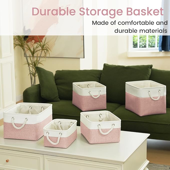 VQRTEXA Storage Baskets for Shelves 11.8x7.9x5.2 Inch, Foldable Fabric Storage Bins with Handles, Small Storage Baskets for Organizing Closet, Bathroom, Office, Home Organization (6-Pack, White&Pink)