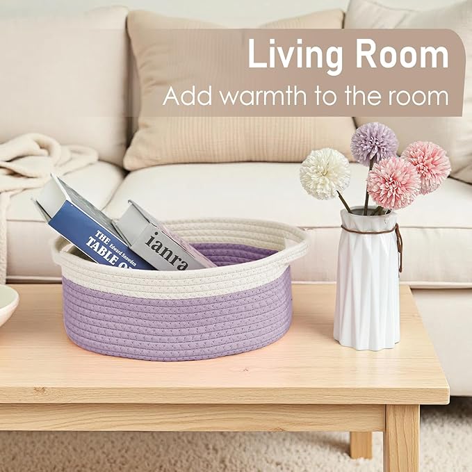 Woven Basket, Small Rope Storage Bin with Handles & Ribbon Bag, Organizer for Shelves Closets, Empty Gift Basket for Birthday, Books, Dog Toys, White & Purple/3 Pack