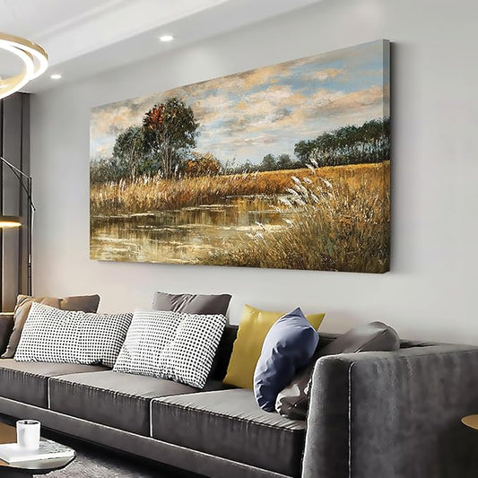 ZESTRILIA Wilderness Meadow Canvas Wall Art Wildflower Field Tree Oil Painting Reproduction Print Rustic Retro Vintage Artwork Landscape Picture for Country Farmhouse Living Room Bedroom (20x40inch)