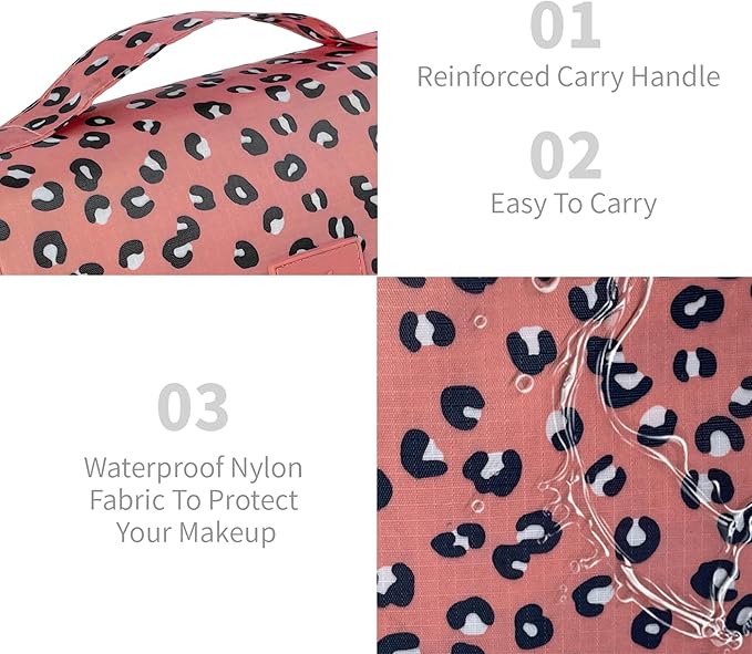Lcsmaokin Large Capacity Toiletry Bag Travel Bag with Hanging Hook for Men and Women Waterproof Travel Cosmetic Bag Bathroom Storage Bag for Brushes Set,Full-Sized Shampoo,Accessories-Pink Leopard