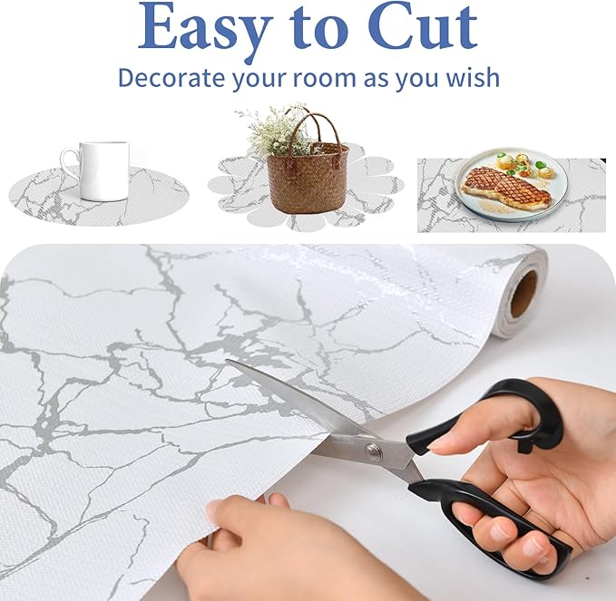 Drawer and Shelf Liner for Kitchen Cabinet: 17 in x 20 ft Non-Slip Waterproof Shelf Paper, Non-Adhesive Refrigerator Liners, Silver Marble Easy Liners for Bathroom with Knife and Tape Measure