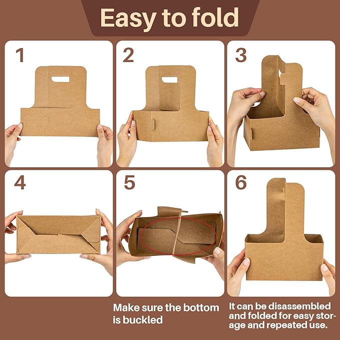MAQIHAN 2-Cup Drink Carrier with Handle - 12Pcs Disposable Paper Cardboard Coffee Cup Holder Portable Drink Caddy Cup Carriers to Go Cup Holder Food Delivery Accessories for Hot/Cold Drinks (Brown)