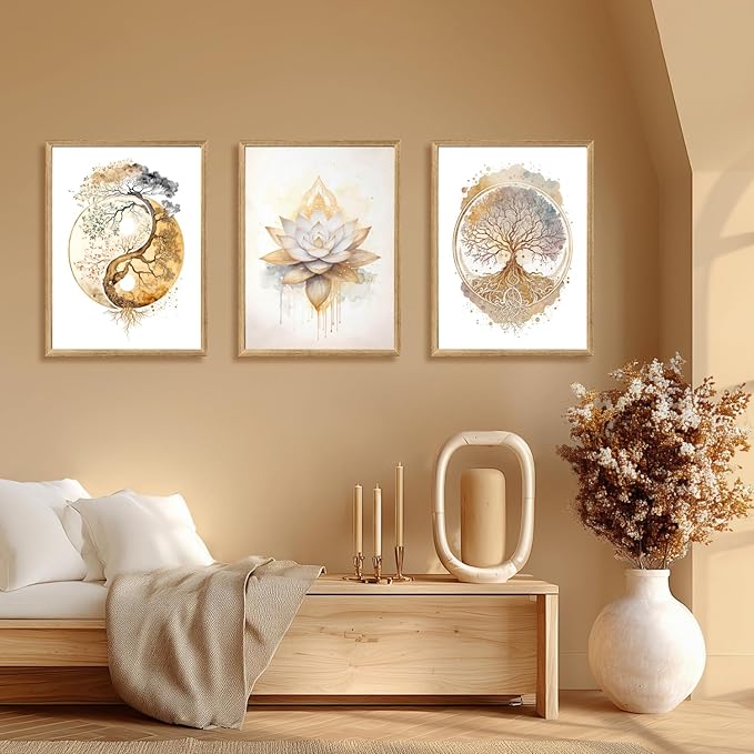 GELDSTEI Tree of Life Wall Art, Calming Zen Wall Decor, Abstract Yin Yang Tree Canvas Painting, Modern Gold Lotus Flower Meditation Poster Print for Living Room Yoga Room Bedroom Wood Framed 12"x16"x3