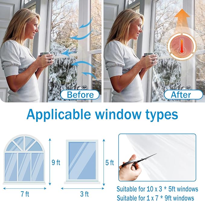 Window Insulation Kit, 63 × 394 Inch and 87 x 110 Inch Plastic Window Covering for Winter, Window Insulation Film Window Wrap Insulation Windows Winterizing Kit with Double-Sided Tape