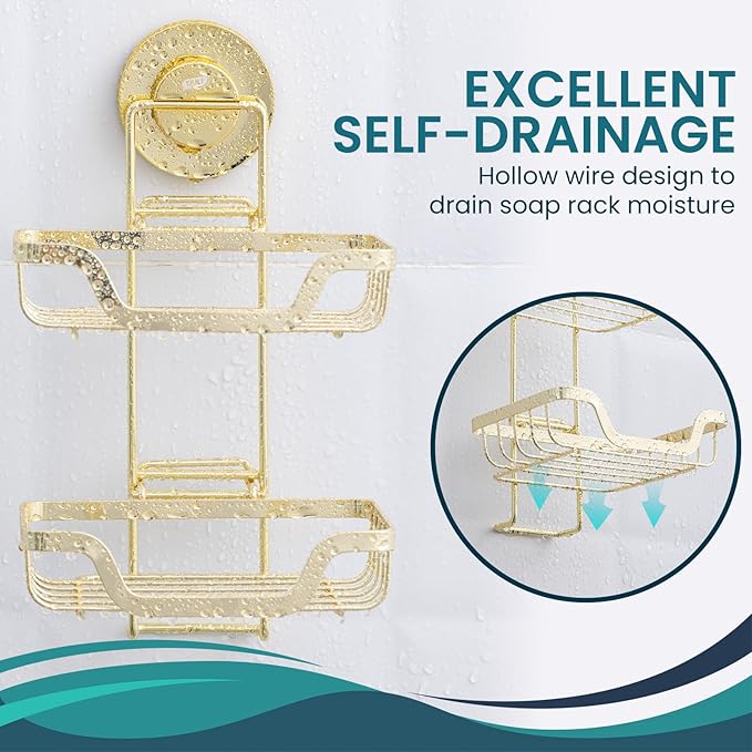 TAILI Double Layer Soap Holder, Bar Soap Dish Suction Cup for Shower Wall, Draining Saver Tray for Bathroom, Rustproof Stainless Steel Sponge Holder for Tub, Kitchen, Drill-Free, Gold