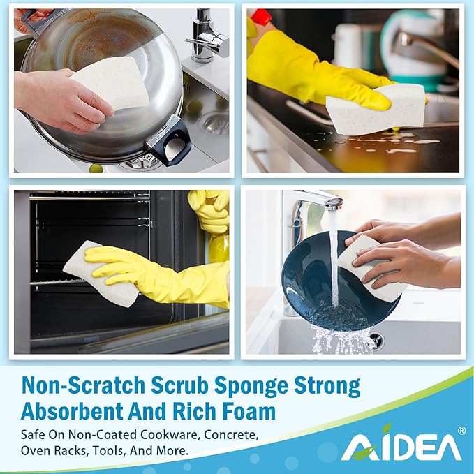 AIDEA Non-Scratch Scrub Sponge - 6 Count, Kitchen Sponges, Natural Sponge for Non-Stick Cookware, Cellulose Sponges for Dishes, Cleaning Power for Kitchen, Bathroom, Household