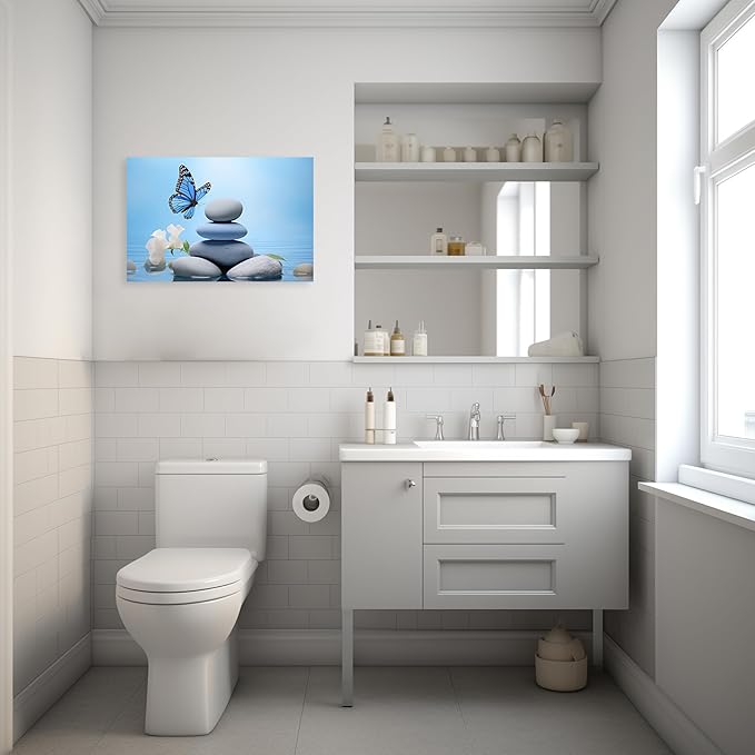 ARTZGX Zen Wall Art for Bathroom Zen Stone Picture Blue Butterfly Painting Still Life Artwork for Yoga Room Decor Frame(Zen - C 12.00" x 18.00")