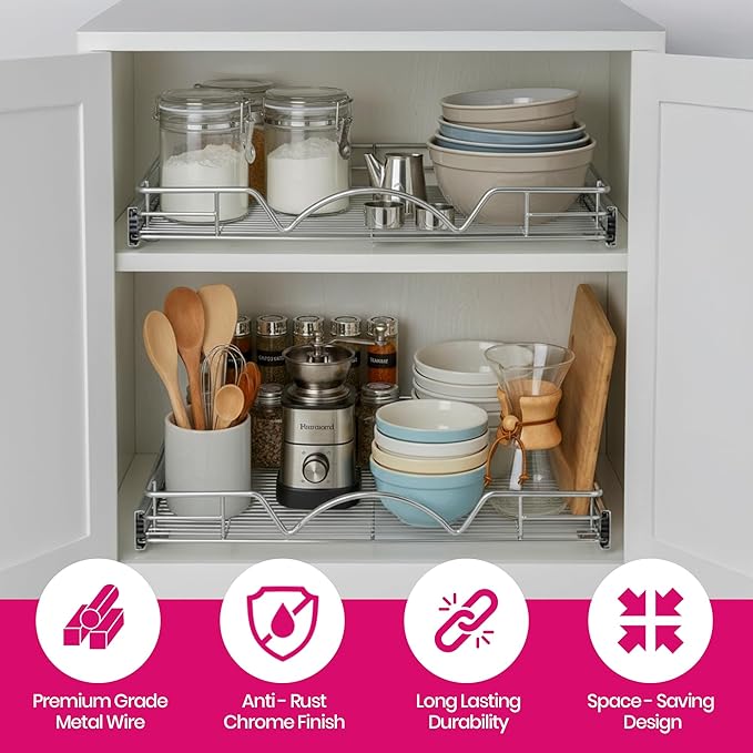 HOLDN' STORAGE Pull Out Cabinet Organizer - Heavy Duty Steel with Smooth Slide-Out Drawers, Chrome Finish - 20" W x 17" D Basket, Fits 21.25" Cabinet Opening
