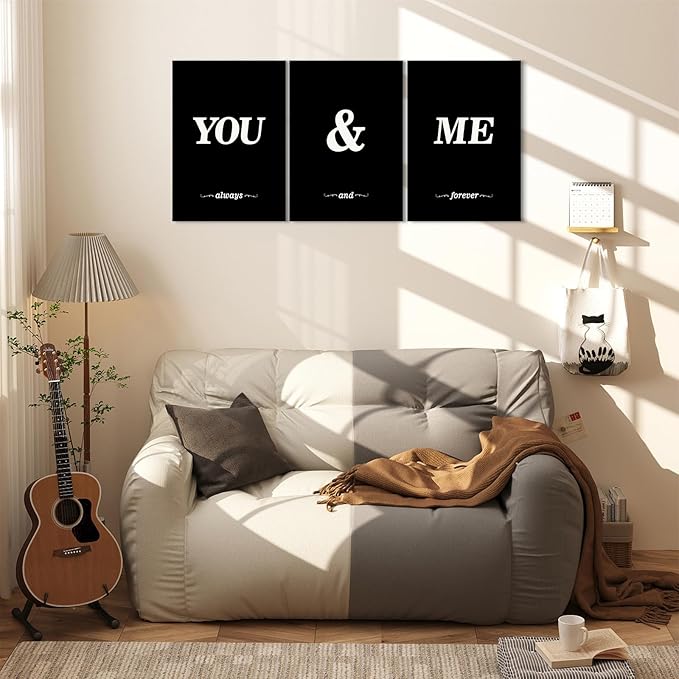 KAWAHONE 3 Pieces Black White You and Me Word Canvas Poster,Modern Lover Style Wall Art for Living Room Bedroom Home Decor