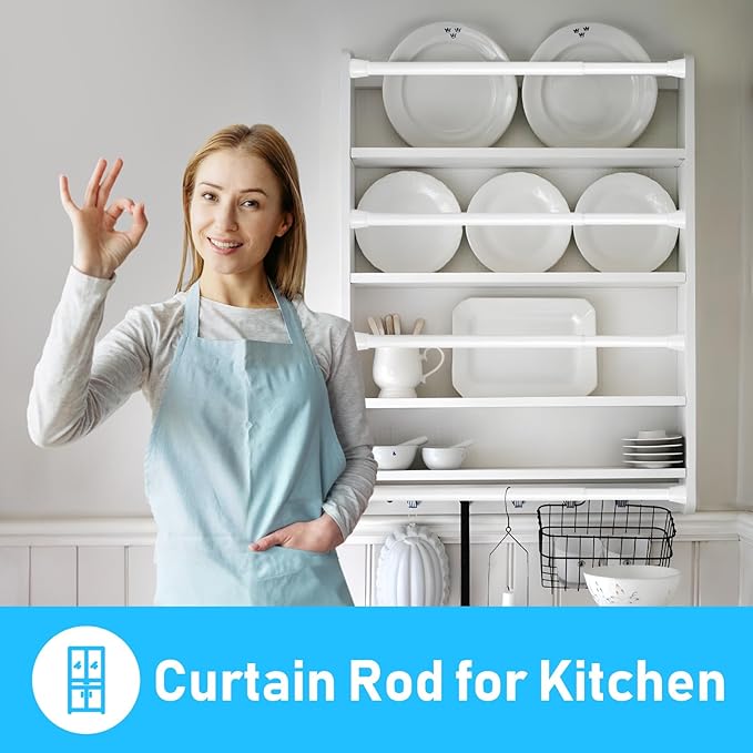 White Tension Rod 16 To 26 Inch Spring Curtain Rod Adjustable Tension Curtain Rods No Drilling Short Tension Rod Extendable Small Spring Tension Curtain Rod for Closet Cupboard Bars Refrigerator