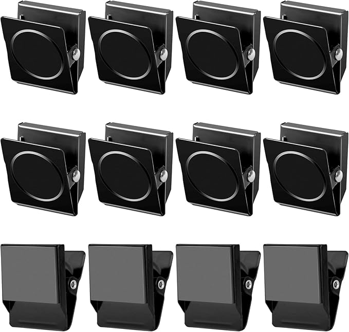 Grtard 12 Pack Magnetic Clips Heavy Duty, White Magnet Clips for Fridge, Refrigerator Magnets, Strong Magnetic Clip,Scratch Free Magnets with Clip for Refrigerator, Whiteboard, Cruise, Locker (Black)