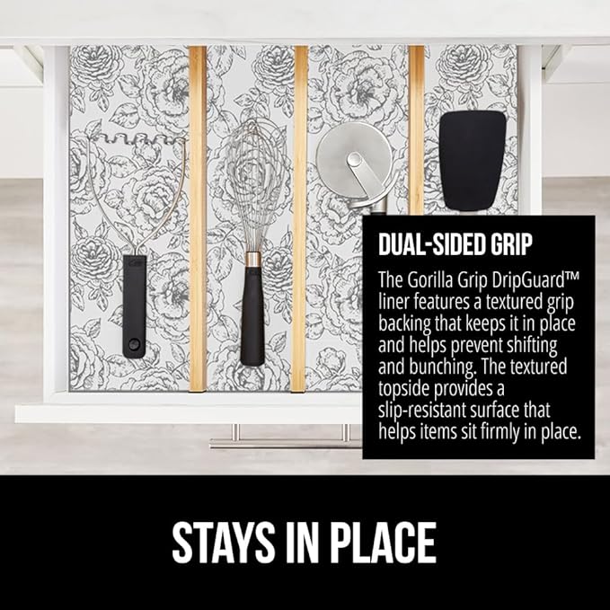 GORILLA GRIP DripGuard Shelf Liner, Non-Adhesive Drawer and Kitchen Cabinet Protector, Strong Grip Slip Resistant Underside, Smooth Surface Liners for Cabinets, Bathroom Closets, 12x120 In Floral Gray