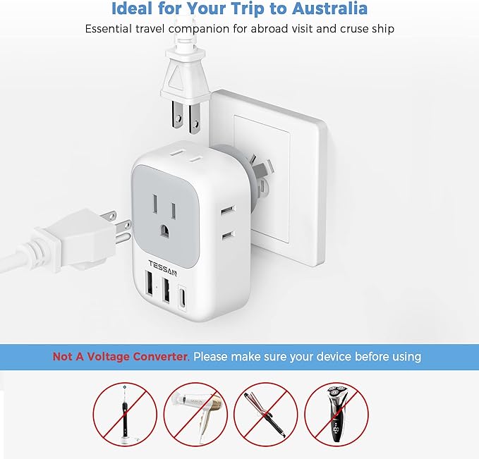 Australia New Zealand Power Adapter, TESSAN Type I Travel Adaptor with 4 American Outlets 3 USB Charger (1 USB C Port), Plug for US to Australian China Argentina Fiji Cook Islands AU