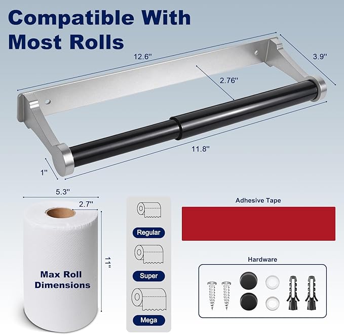 Paper Towel Holder Wall Mount Adhesive Paper Towel Holder Under Cabinet Toilet Roll Hanging Holders Rack for Kitchen Bathroom Garage Counter, Anti-Drop Upgraded Telescopic Rod Design Roll, Silver
