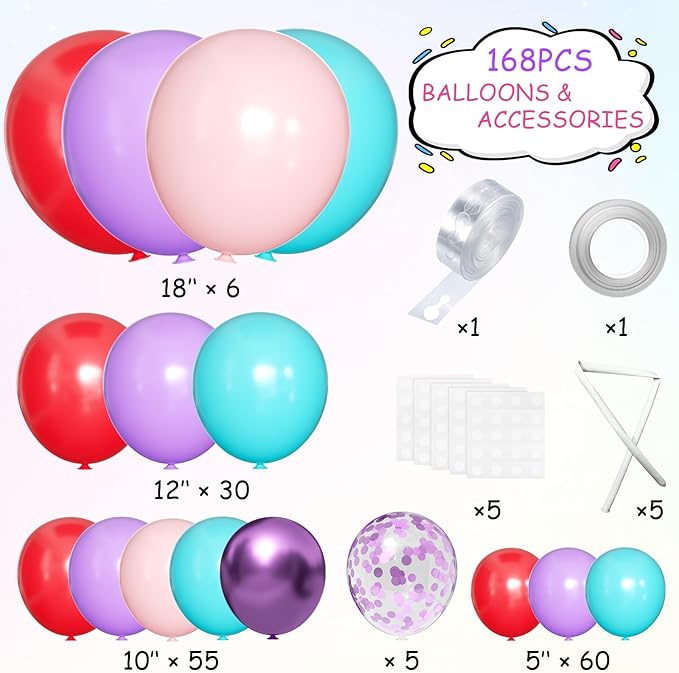 MEBAY Red Purple Teal Balloon Garland kit, 156 Pcs Metallic Purple Pastel Pink and Confetti Purple Balloons Arch for Teenage Girl Birthday Gymnastics Music Fans Theme Party Decoration