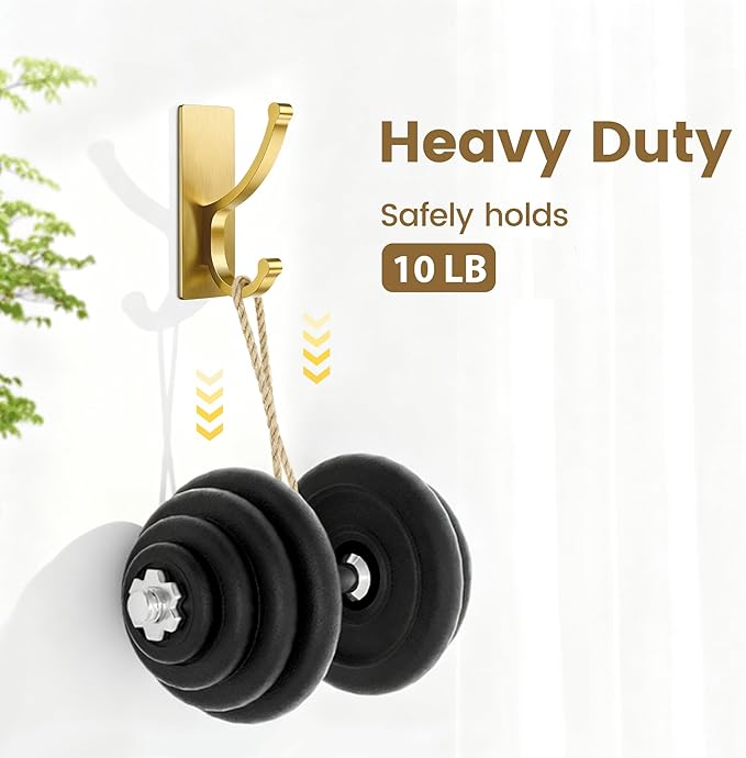 pickpiff Adhesive Wall Hooks with Strip - No Residue, Easy to Remove, Strong Heavy Duty Sticky Towel Hook, 8 Pack Brushed Gold