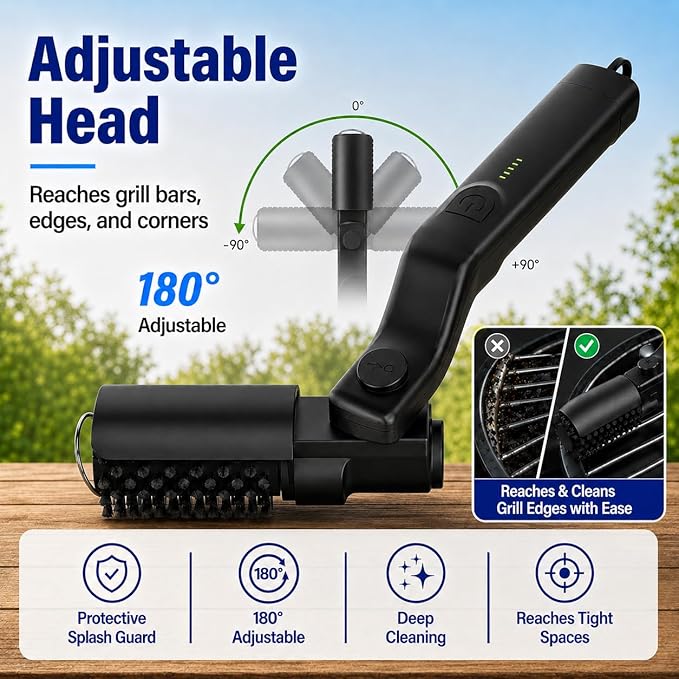 Vahrelo Grillmaster Pro Electric Grill Brush for Outdoor Grill, Cordless Rotary Cleaning Brush with Detachable Heads, Protective Cover, Type C Rechargeable BBQ Tool for Summer Cookouts