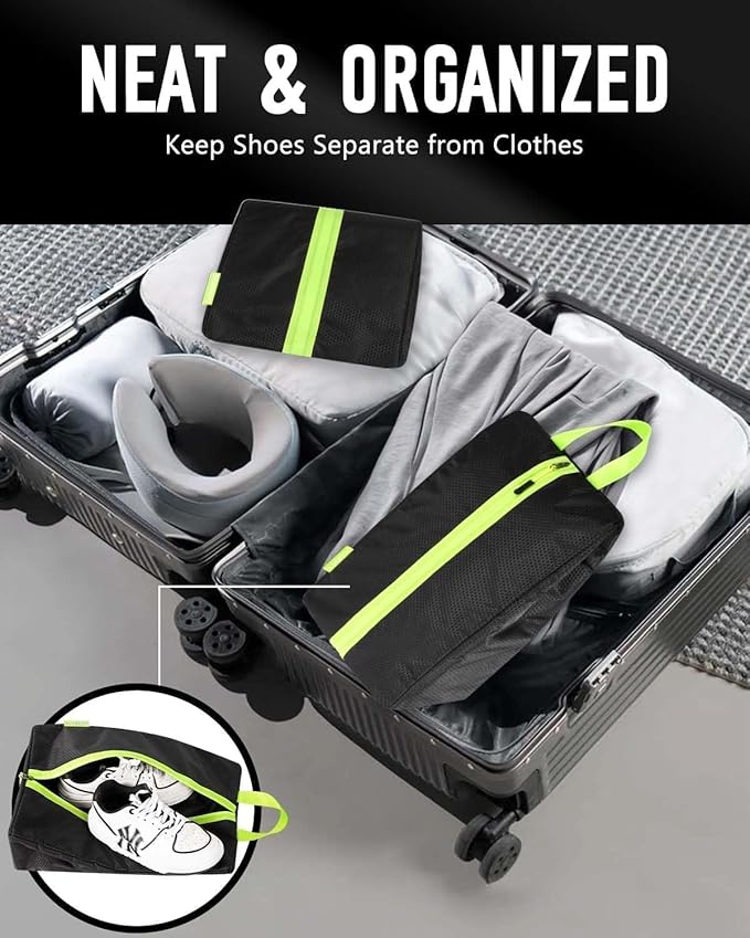 Smell Proof Shoe Bags for Travel - Soccer Cleat Bag Smell Proof with Active Carbon Fabric | Odor-Absorbing Water-Resistant Track Shoe bags for Sports (Black with Green, UP TO US14)