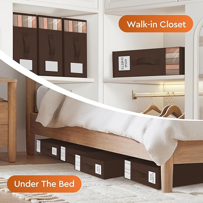 4 Pack Bed Sheet Closet Organizers and Storage,Sturdy Foldable Storage Containers with Window and Label,Storage and Organization for Bedding Sheets,Duvet Covers,Blankets (Brown)