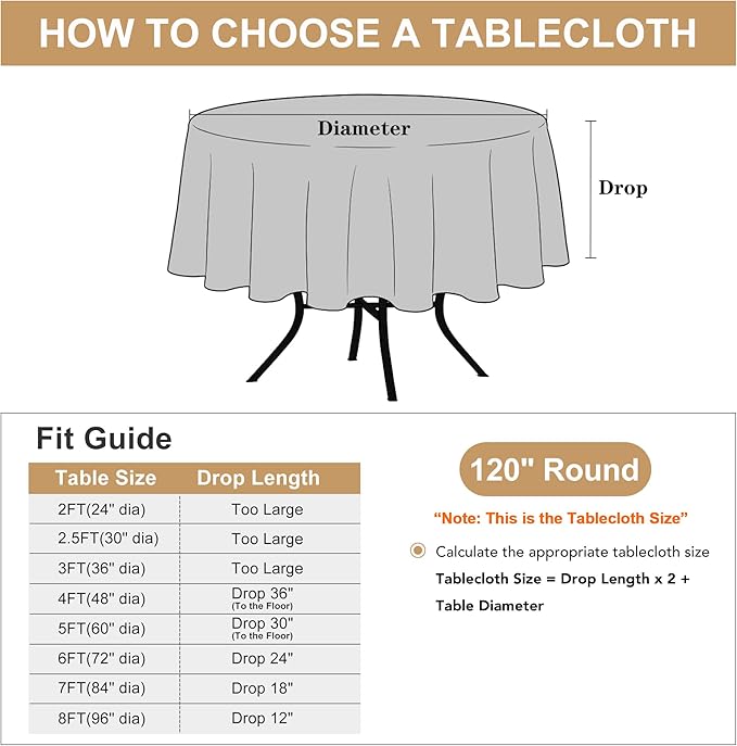 sancua Round Tablecloth 120 Inch Diameter, 8 Pack - Circle Polyester Fabric Table Cloth for Party Reception Banquet Birthday, Washable Formal Table Cover (Fit 48-96 Inch Tables), Beige