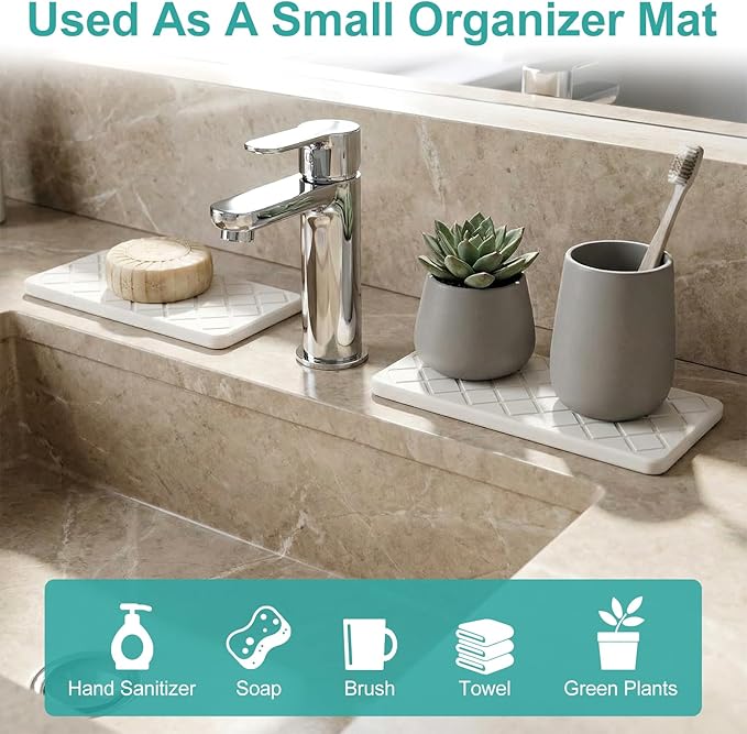 Small Fast Quick Dry Bathroom Counter Tray Water Absorbing Stone Trays for Sink Soap Dish Dispenser Sponge Holder Diatomite Stone Drying Mat for Kitchen Sink Tray White Bathroom Vanity Organizer Decor